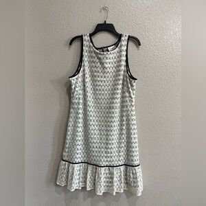 J. Taylor Navy Cream Striped Dress Sz 16 Lace Crochet Pleated Hem Nautical